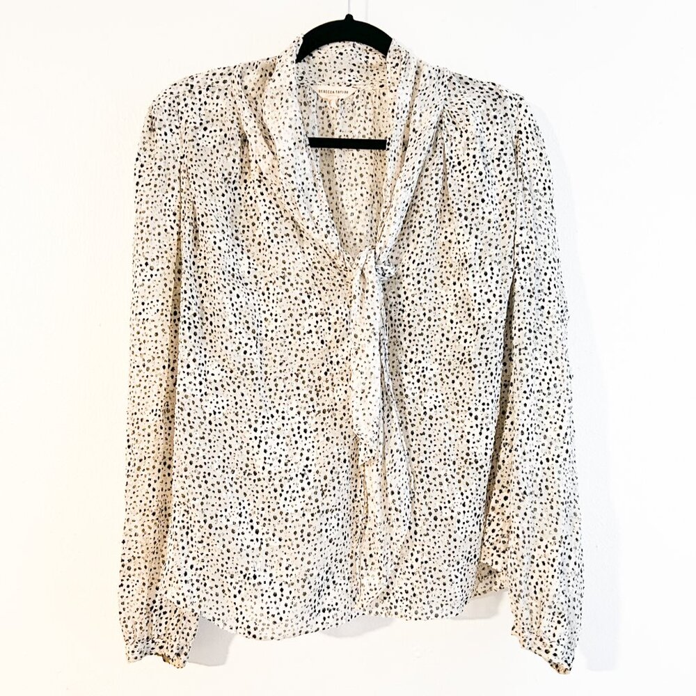 REBECCA TAYLOR Silk Tie Neck Snow Leopard Print Long Sleeve Blouse SZ12 - Picture 10 of 13